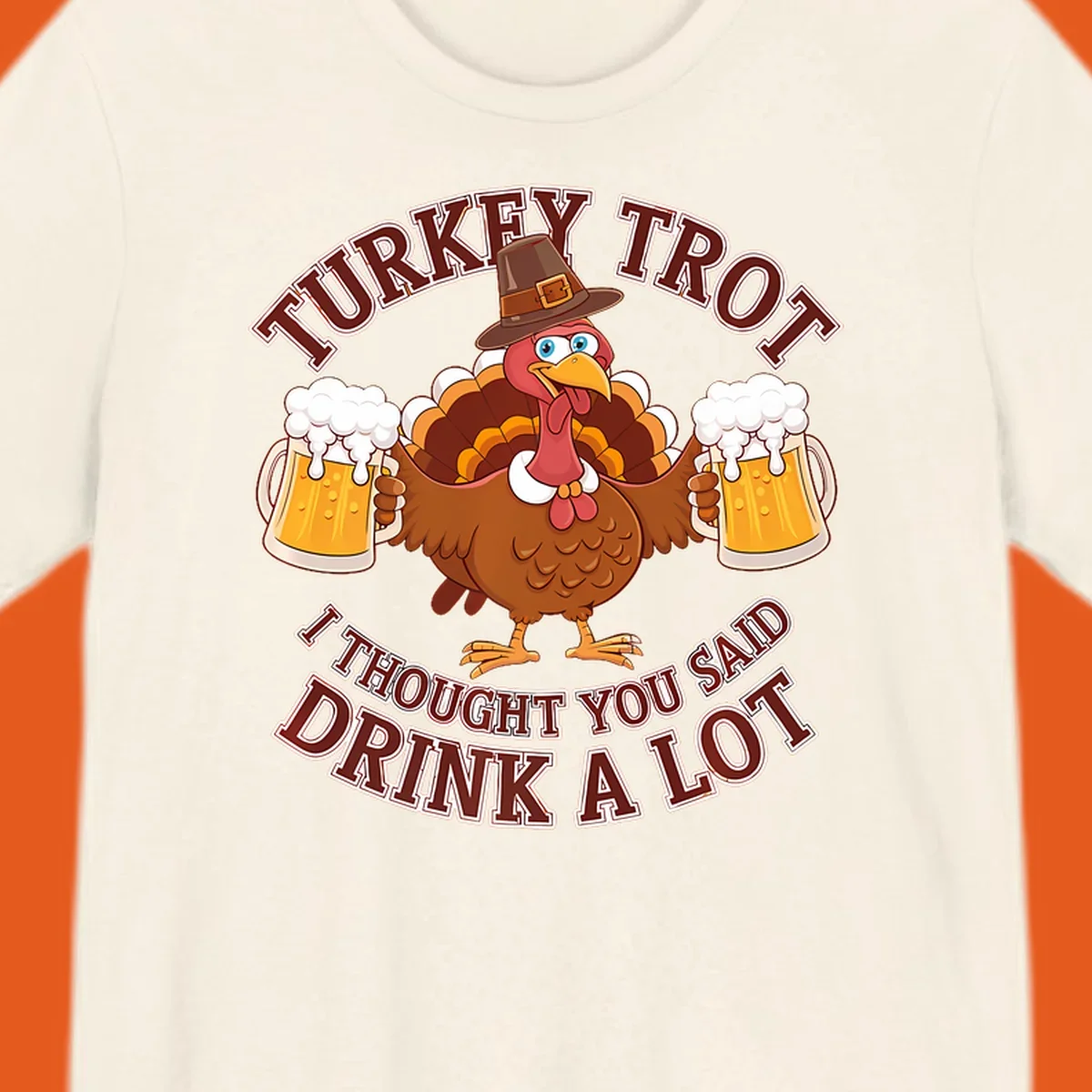 Turkey Trot runner design with a cartoon turkey holding beer mugs and funny text.