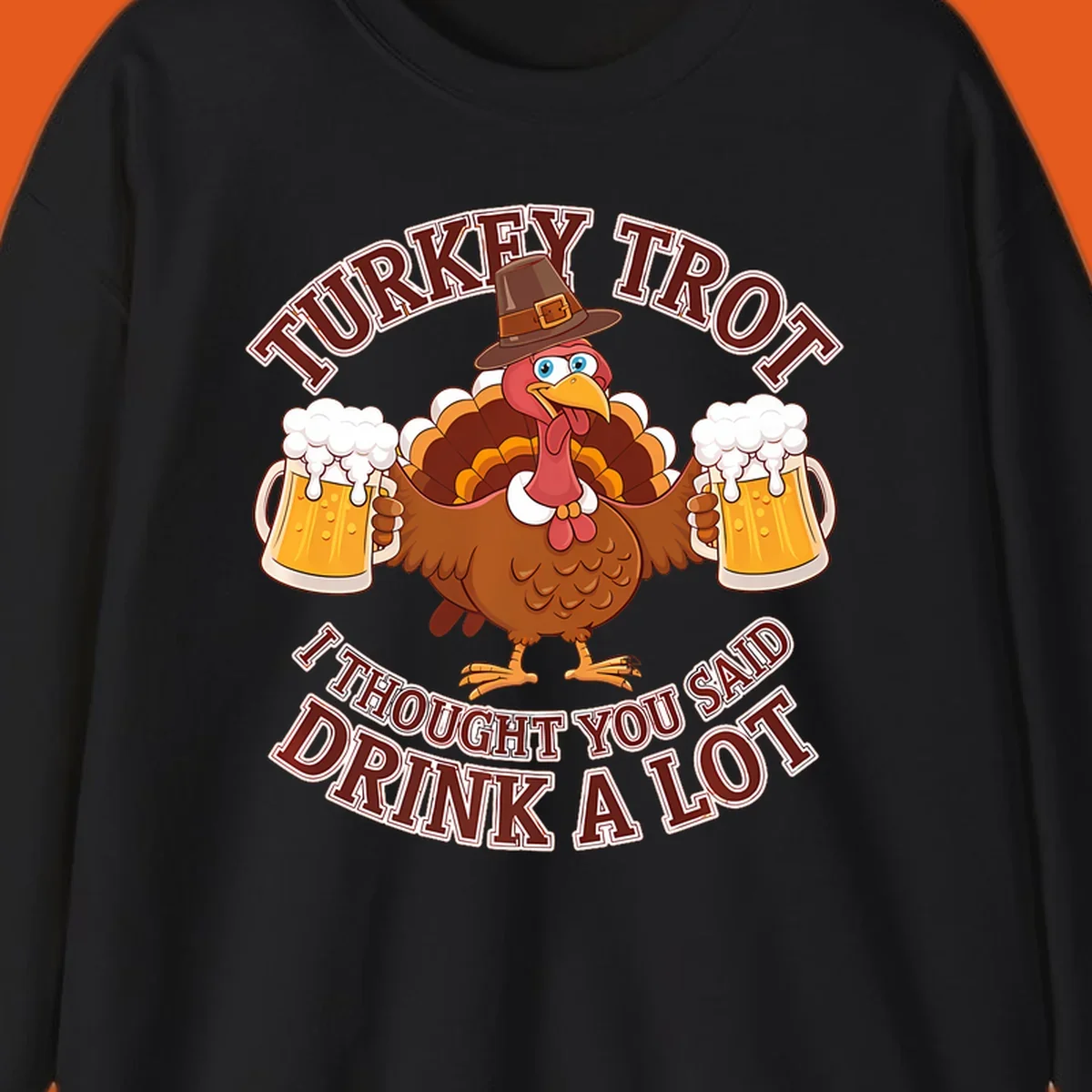 Turkey Trot runner design with a cartoon turkey holding beer mugs and funny text.