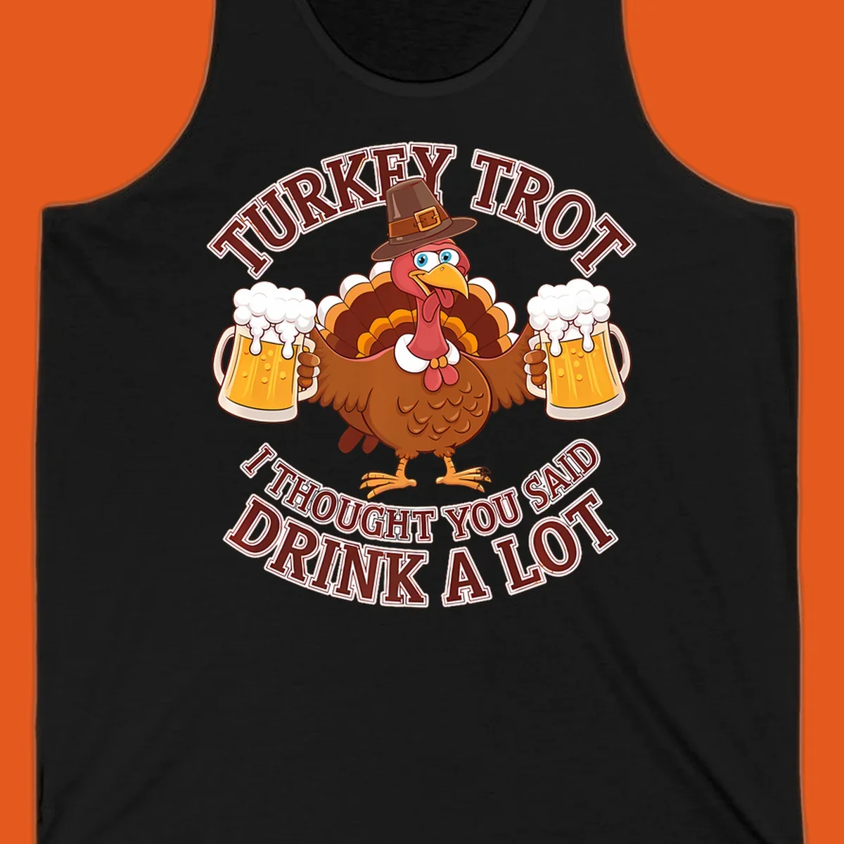 Turkey Trot runner design with a cartoon turkey holding beer mugs and funny text.