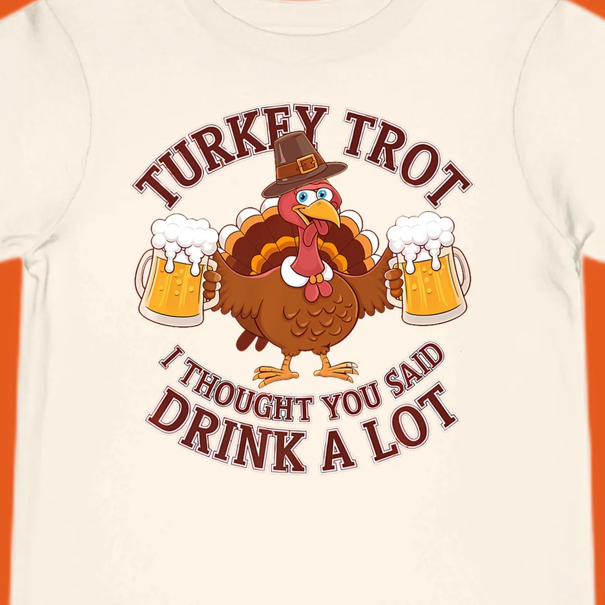 Turkey Trot runner design with a cartoon turkey holding beer mugs and funny text.