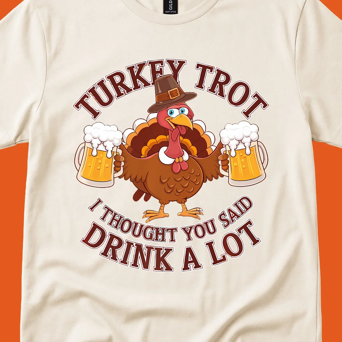 Turkey Trot runner design with a cartoon turkey holding beer mugs and funny text.