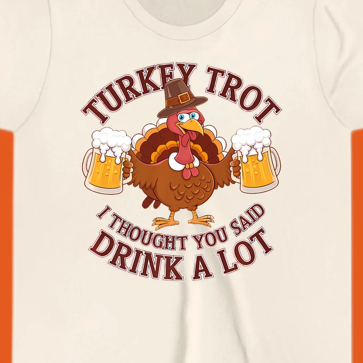 Turkey Trot runner design with a cartoon turkey holding beer mugs and funny text.