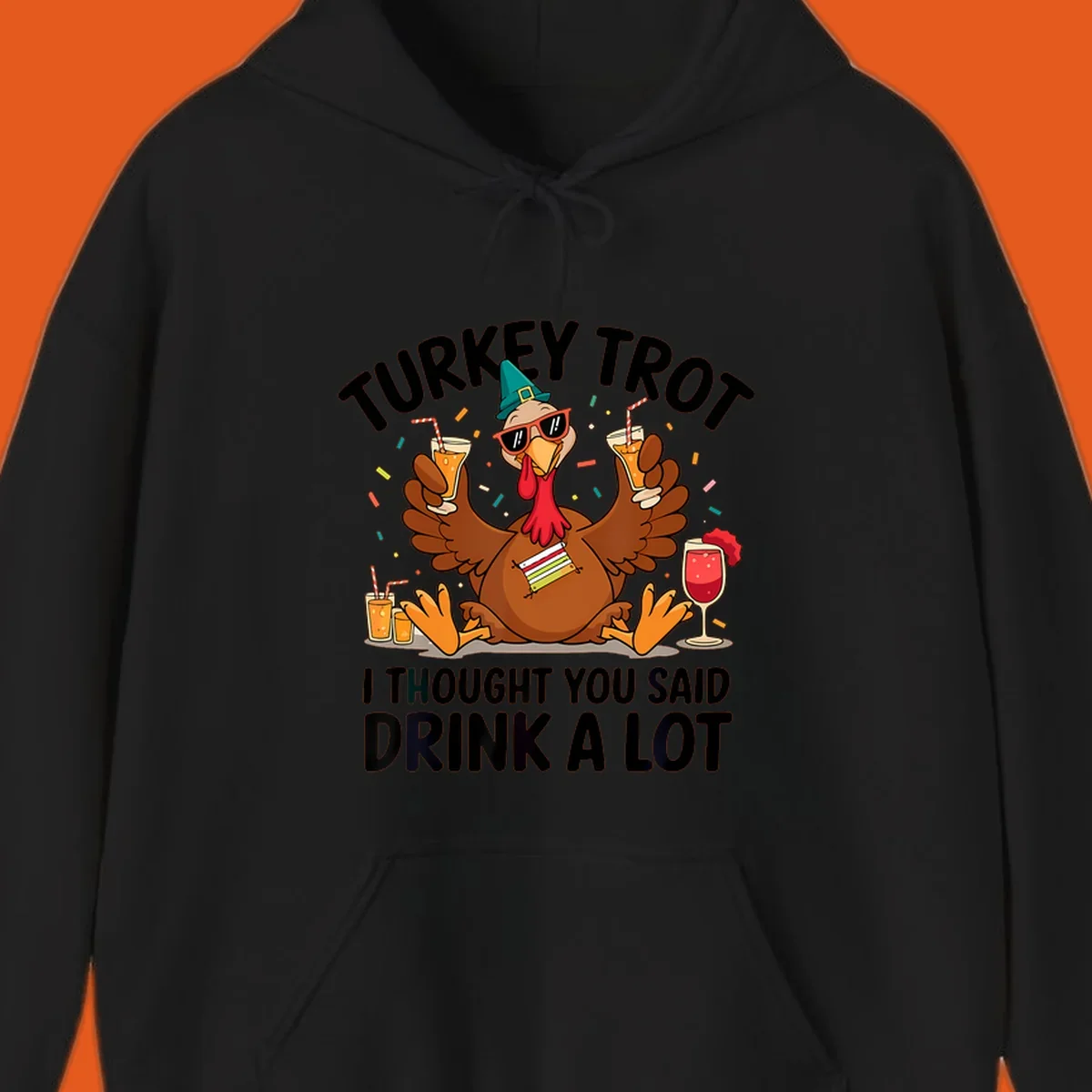 Turkey Trot Drink A Lot Thanksgiving illustration of a partying turkey with drinks and confetti.