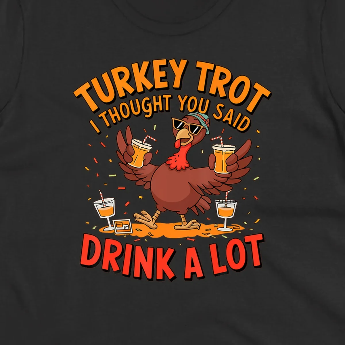 Illustration of a turkey wearing sunglasses and holding drinks with text 'Turkey Trot I Thought You Said Drink A Lot'.