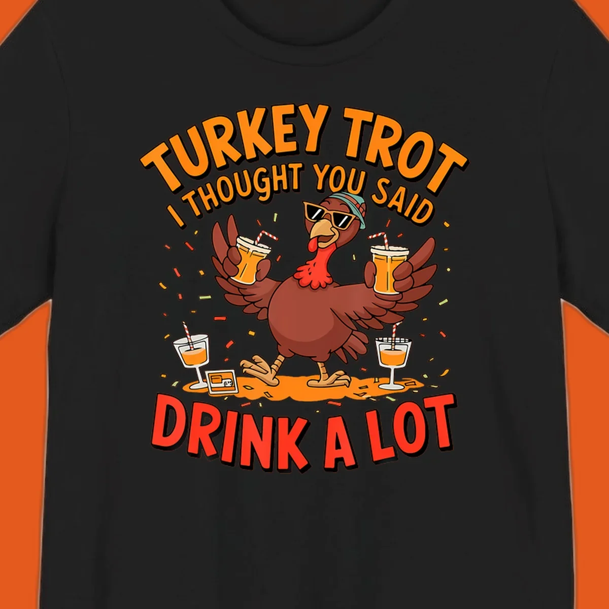 Illustration of a turkey wearing sunglasses and holding drinks with text 'Turkey Trot I Thought You Said Drink A Lot'.