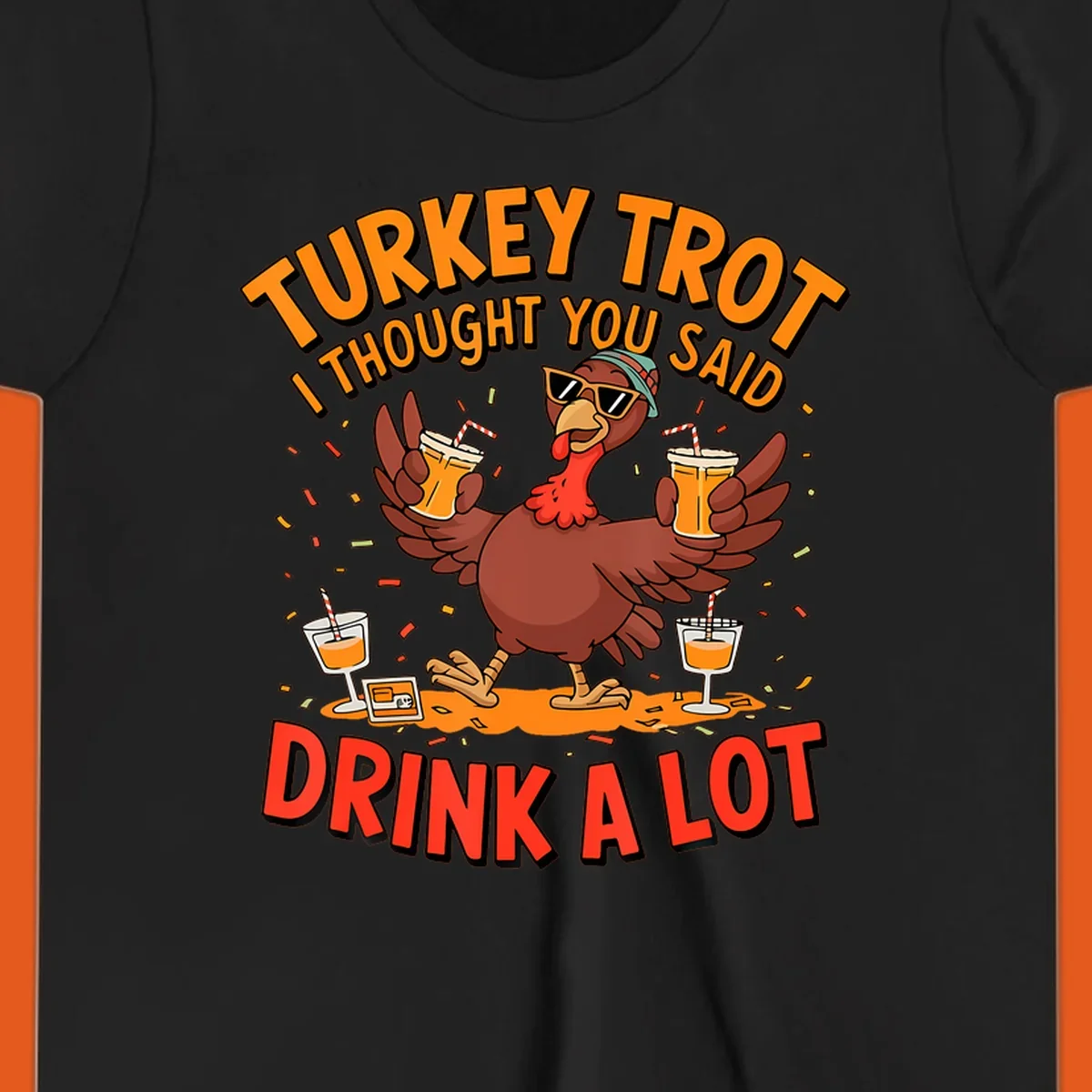 Illustration of a turkey wearing sunglasses and holding drinks with text 'Turkey Trot I Thought You Said Drink A Lot'.
