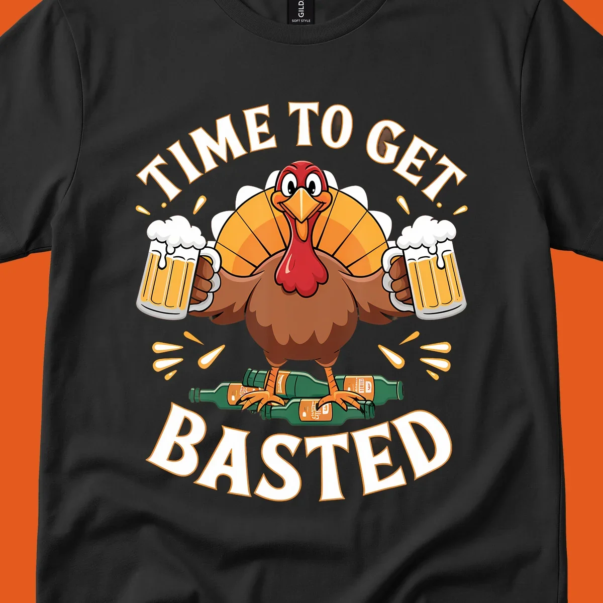 Funny turkey holding beer mugs, with text 'Time to Get Basted'.