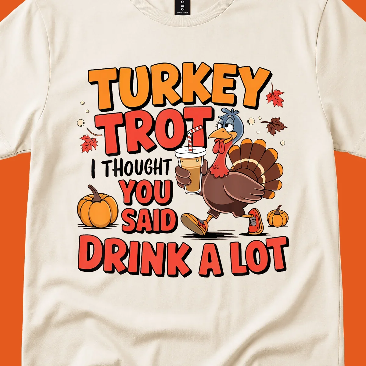 Illustration for Turkey Trot Drink A Lot. A cartoon turkey holds a drink.