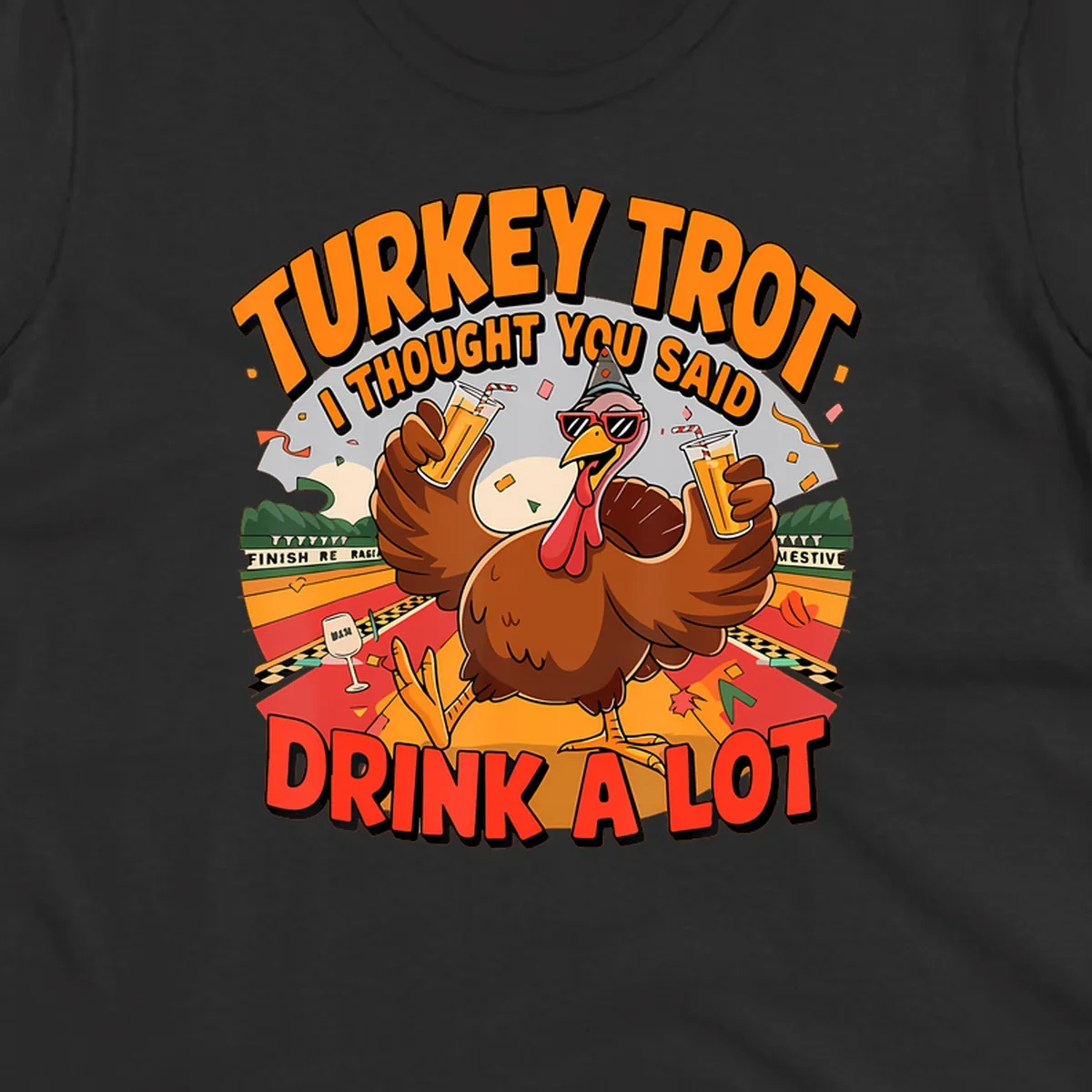 Illustration of a turkey on a race track holding drinks, with text 'Turkey Trot I Thought You Said Drink A Lot'.