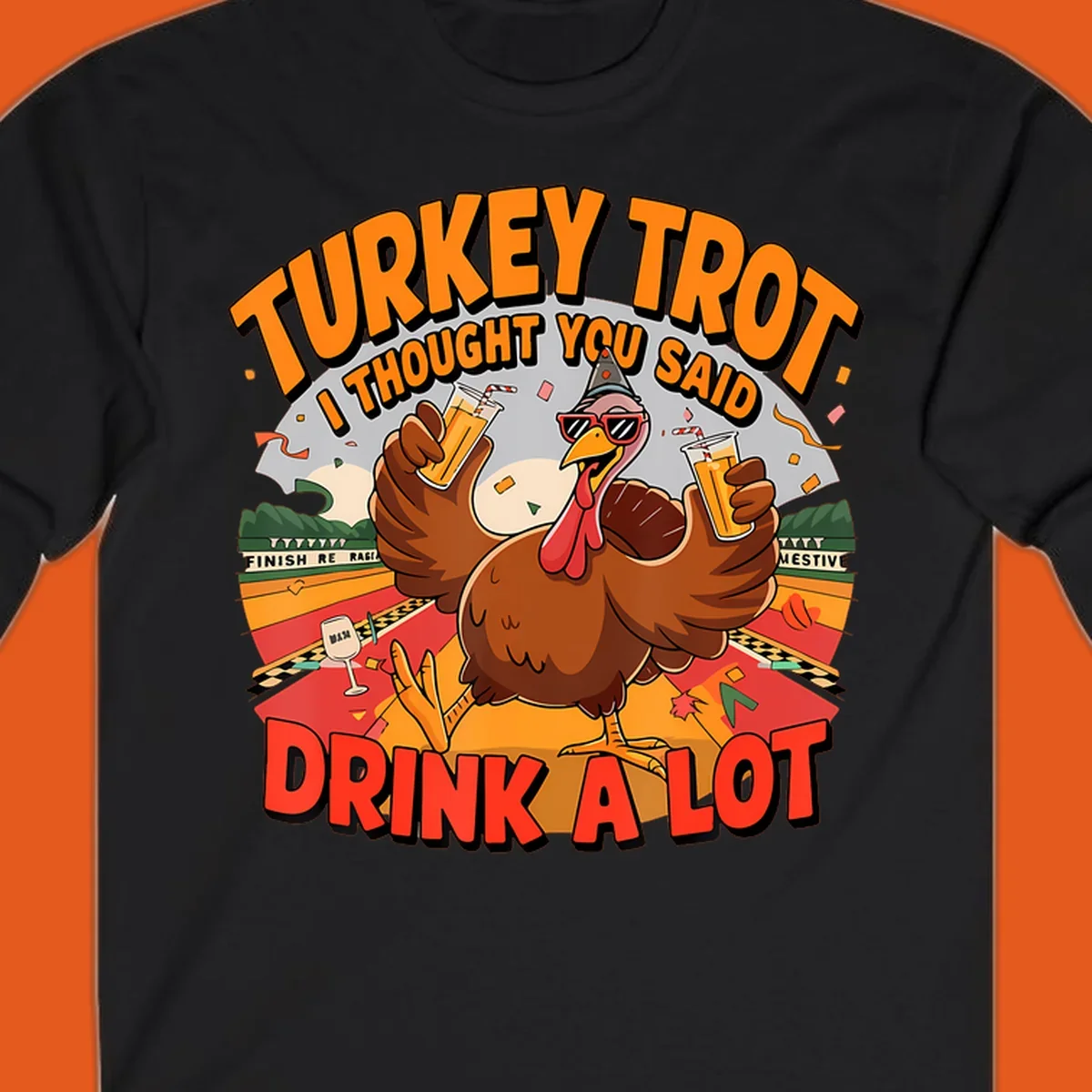 Illustration of a turkey on a race track holding drinks, with text 'Turkey Trot I Thought You Said Drink A Lot'.