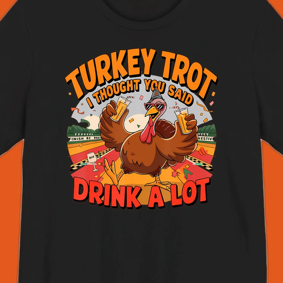 Illustration of a turkey on a race track holding drinks, with text 'Turkey Trot I Thought You Said Drink A Lot'.