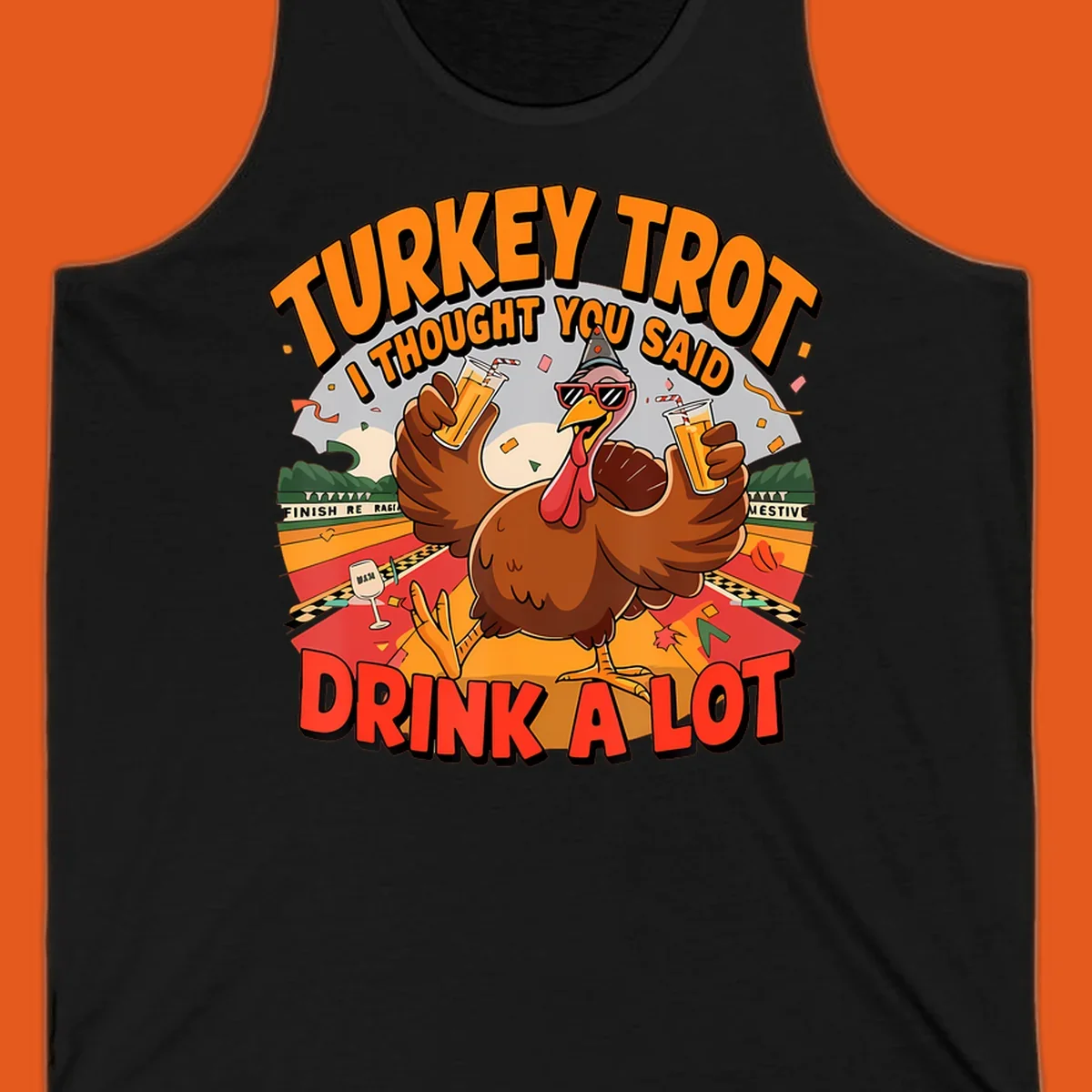 Illustration of a turkey on a race track holding drinks, with text 'Turkey Trot I Thought You Said Drink A Lot'.