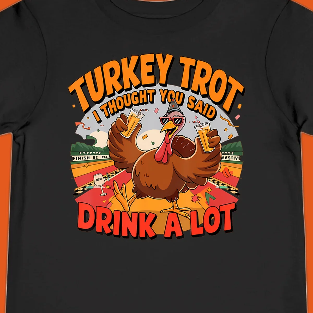 Illustration of a turkey on a race track holding drinks, with text 'Turkey Trot I Thought You Said Drink A Lot'.