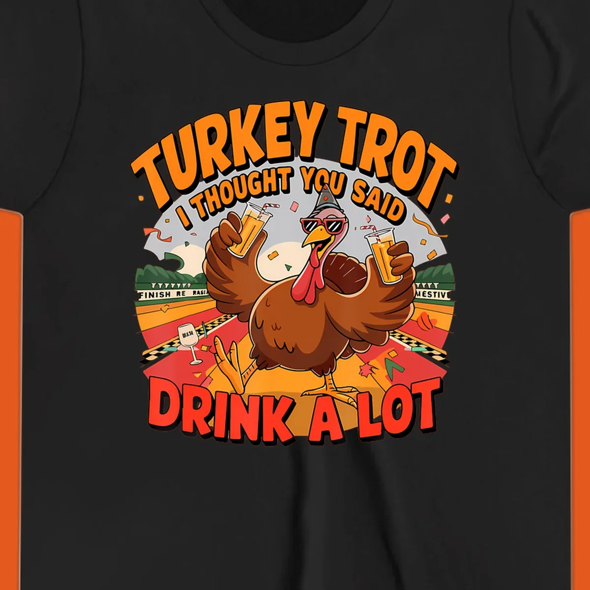 Illustration of a turkey on a race track holding drinks, with text 'Turkey Trot I Thought You Said Drink A Lot'.