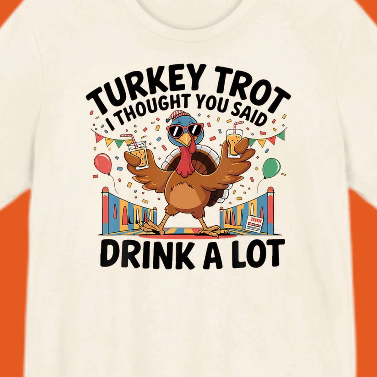 Turkey Trot I Thought You Said Drink A Lot design featuring a cartoon turkey with drinks, confetti, and text.