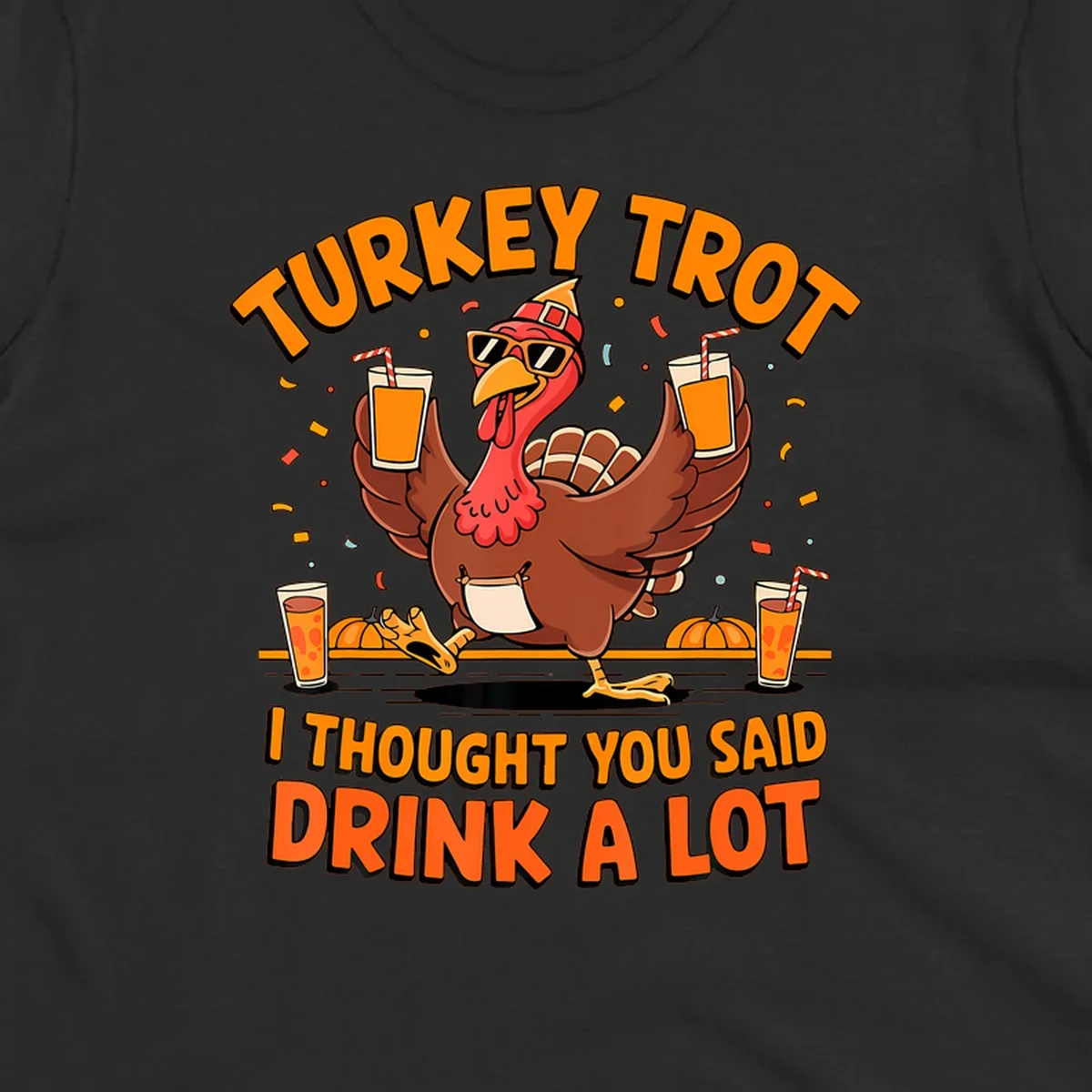 Funny turkey trot design with a dancing turkey and text 'I THOUGHT YOU SAID DRINK A LOT'.