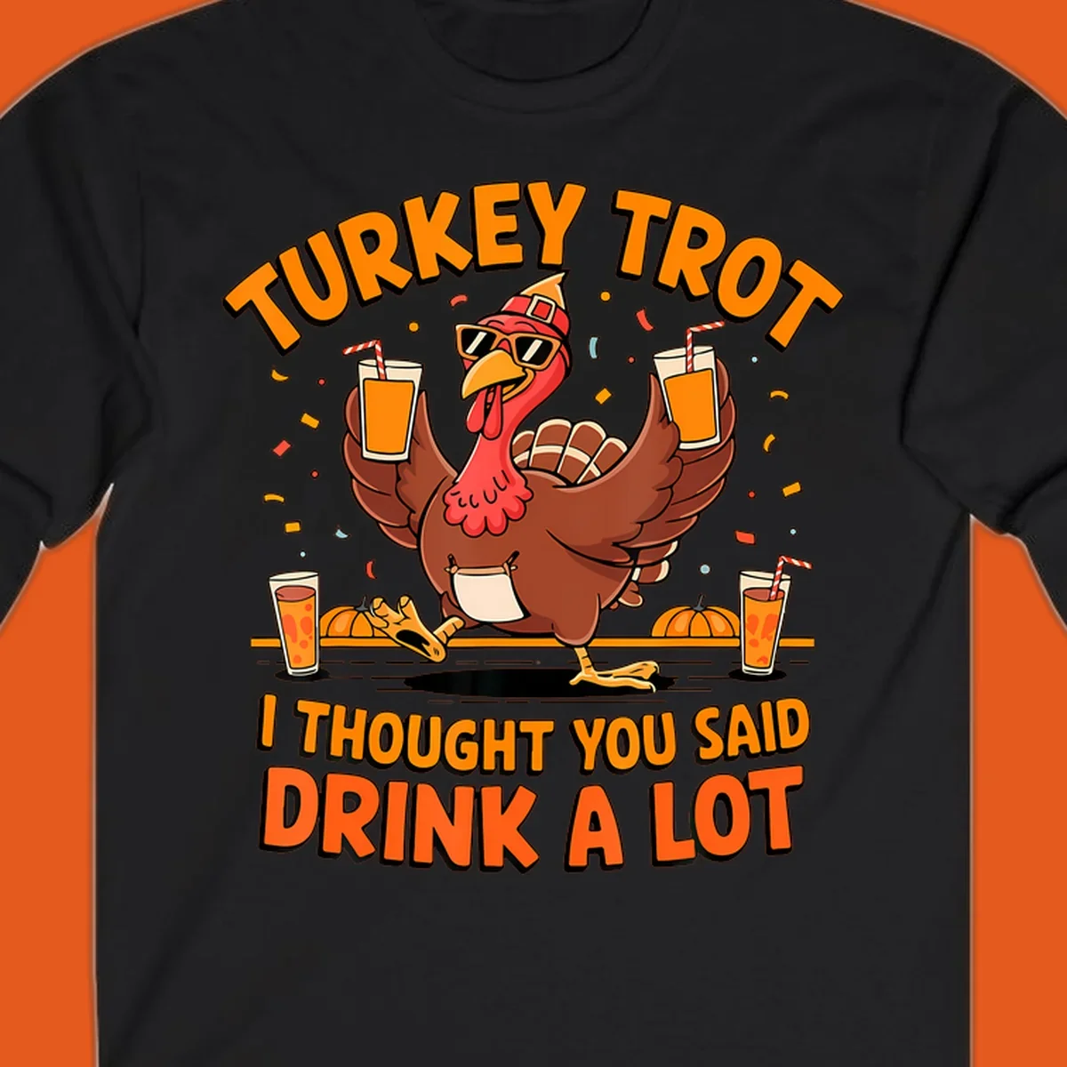 Funny turkey trot design with a dancing turkey and text 'I THOUGHT YOU SAID DRINK A LOT'.