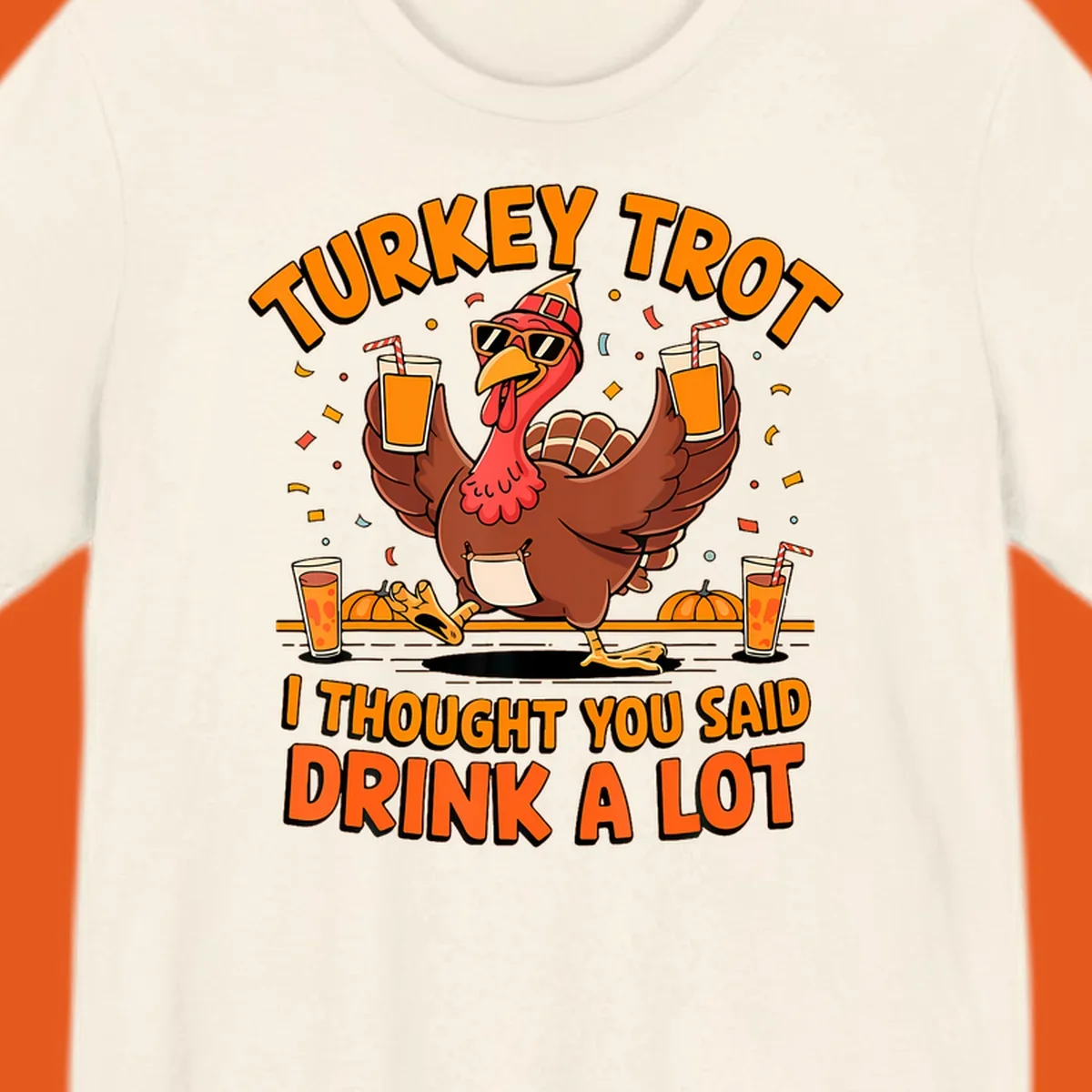 Funny turkey trot design with a dancing turkey and text 'I THOUGHT YOU SAID DRINK A LOT'.