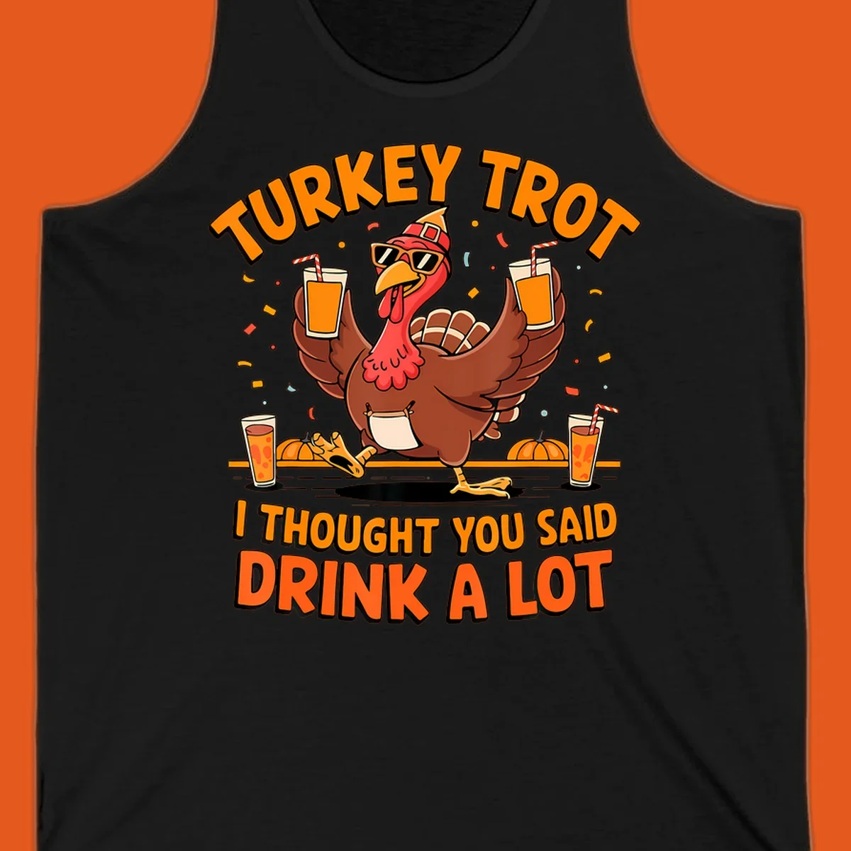 Funny turkey trot design with a dancing turkey and text 'I THOUGHT YOU SAID DRINK A LOT'.