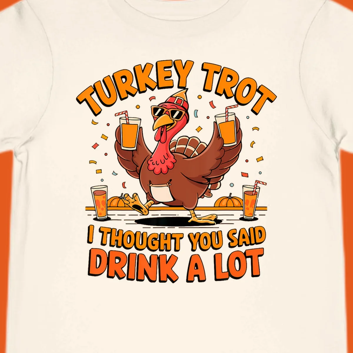 Funny turkey trot design with a dancing turkey and text 'I THOUGHT YOU SAID DRINK A LOT'.