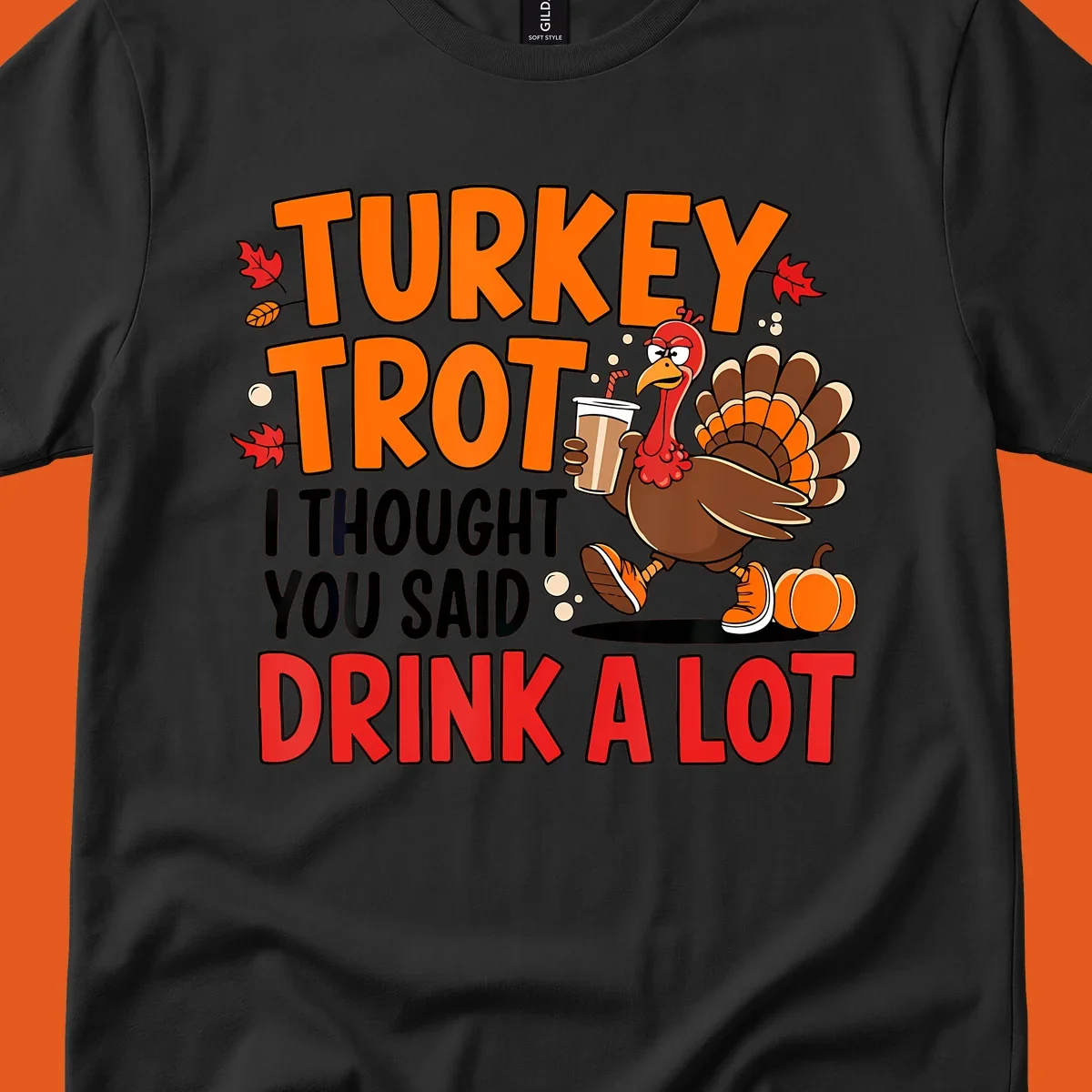 Turkey Trot Drink A Lot funny running Thanksgiving shirt with a turkey holding coffee.