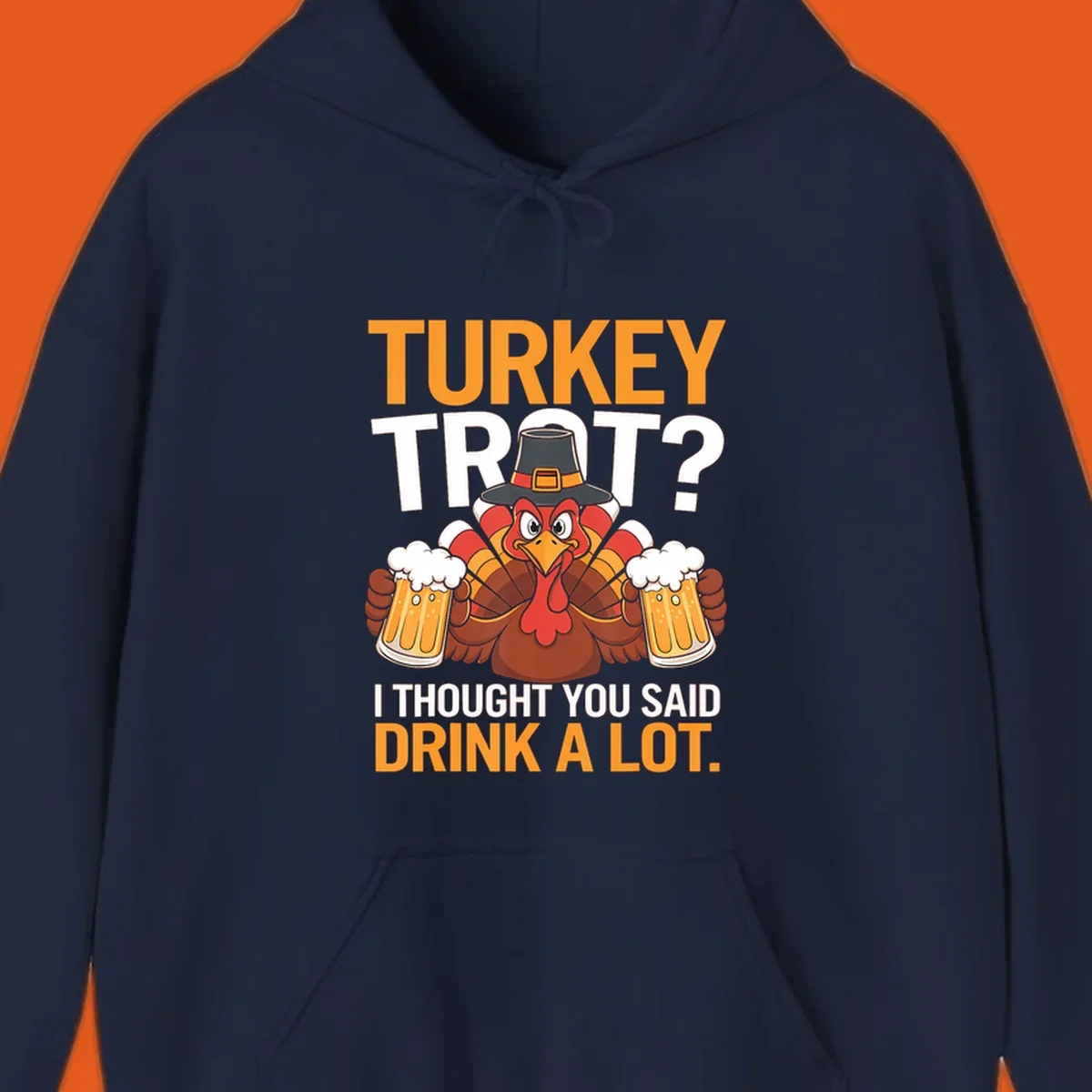 Funny turkey trot beer drinking thanksgiving shirt with a cartoon turkey holding beer.