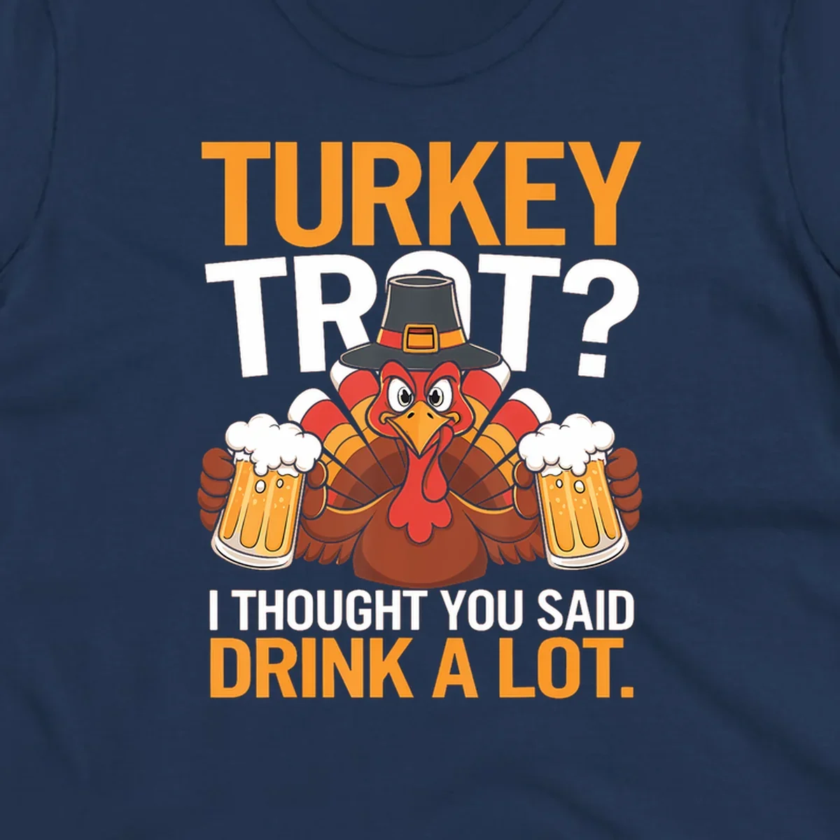Funny turkey trot beer drinking thanksgiving shirt with a cartoon turkey holding beer.