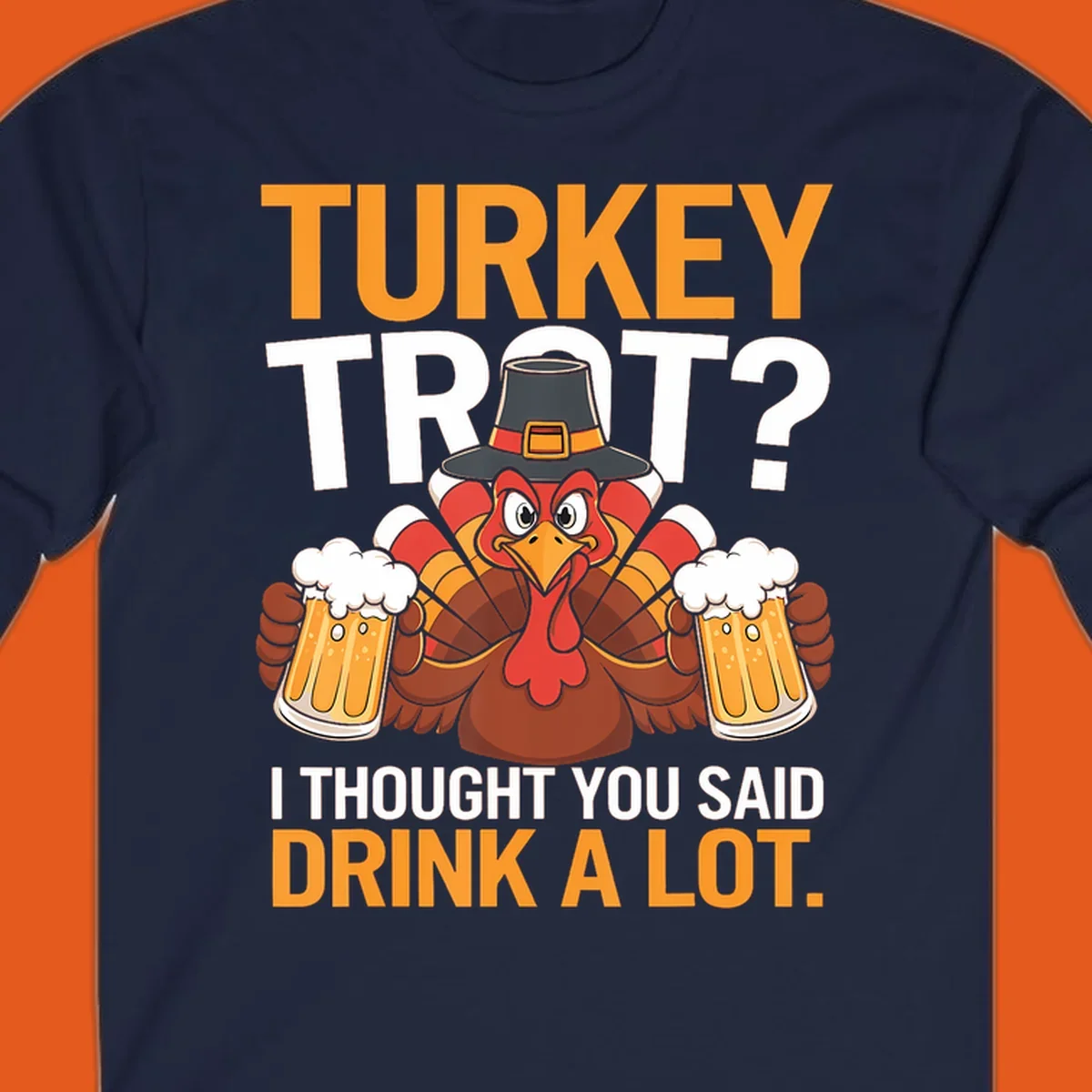 Funny turkey trot beer drinking thanksgiving shirt with a cartoon turkey holding beer.