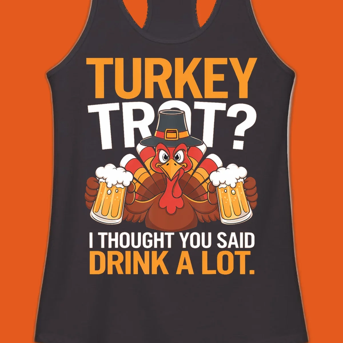 Funny turkey trot beer drinking thanksgiving shirt with a cartoon turkey holding beer.