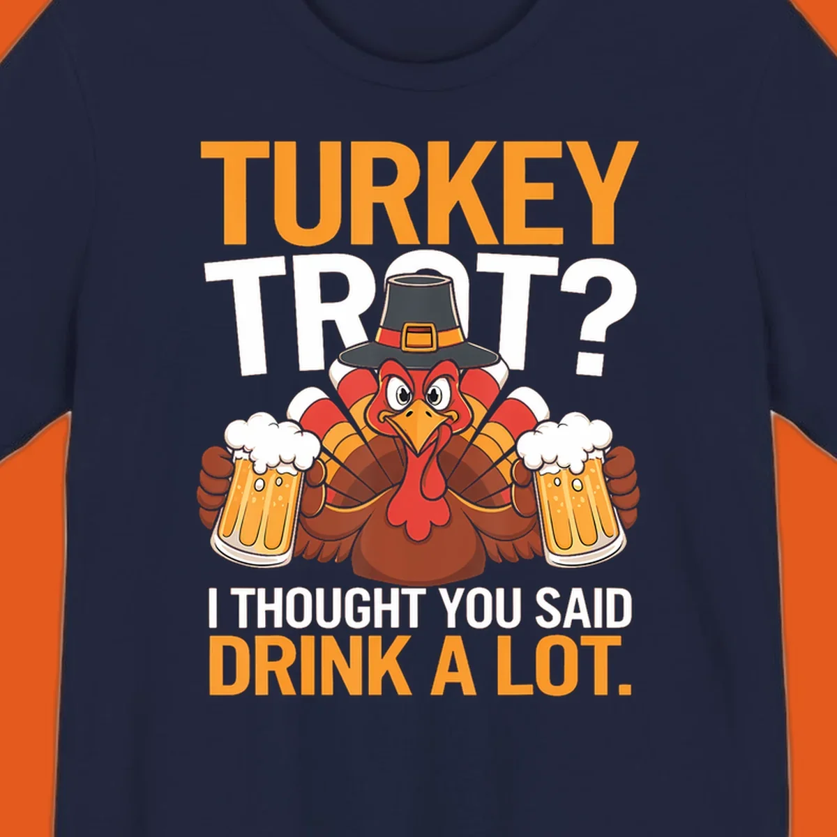 Funny turkey trot beer drinking thanksgiving shirt with a cartoon turkey holding beer.
