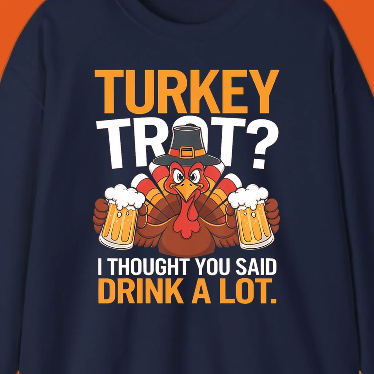 Funny turkey trot beer drinking thanksgiving shirt with a cartoon turkey holding beer.