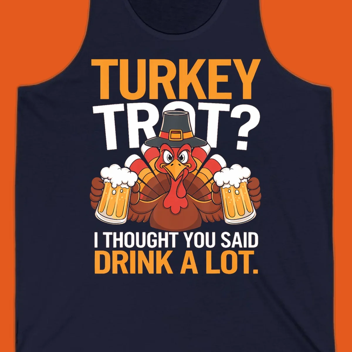Funny turkey trot beer drinking thanksgiving shirt with a cartoon turkey holding beer.