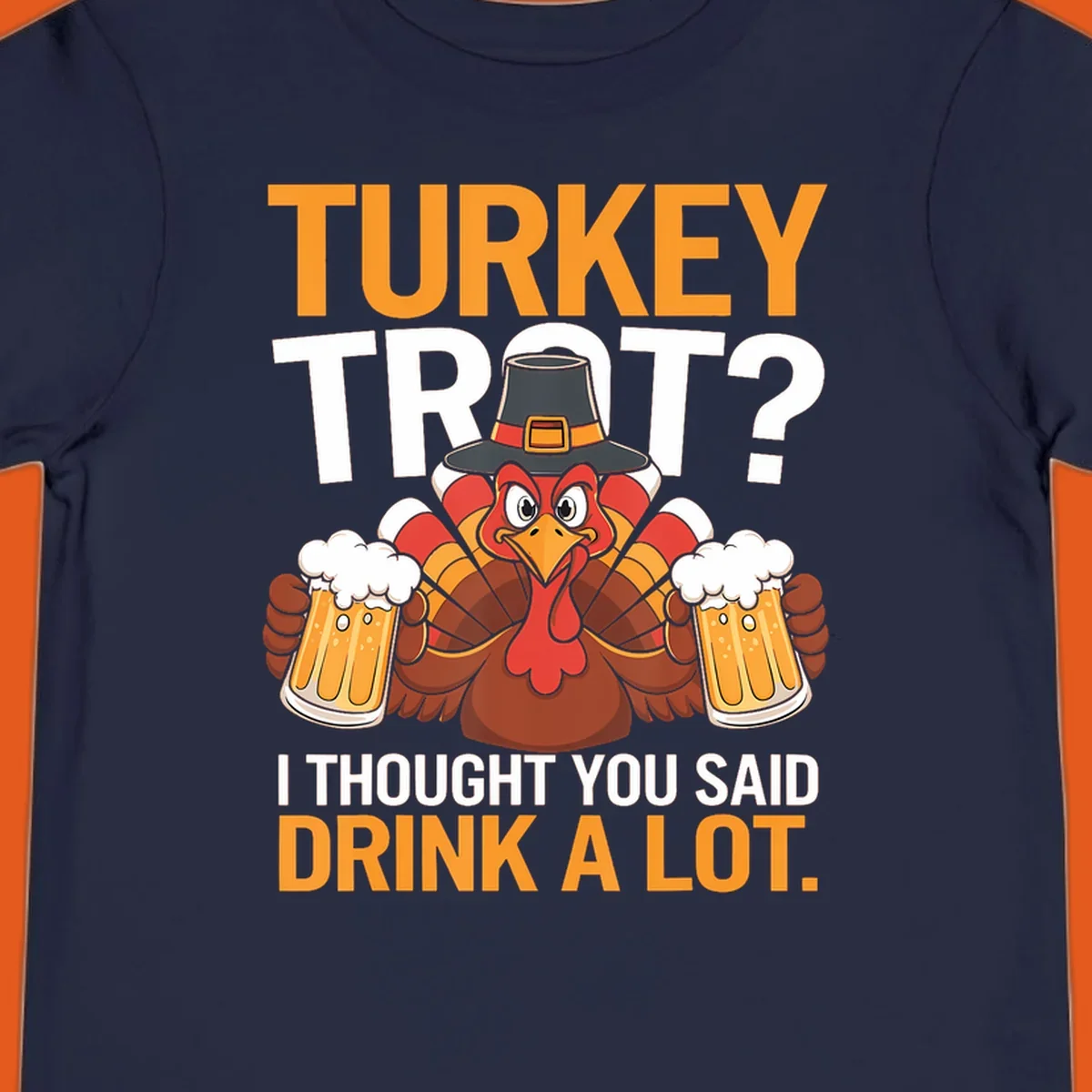 Funny turkey trot beer drinking thanksgiving shirt with a cartoon turkey holding beer.