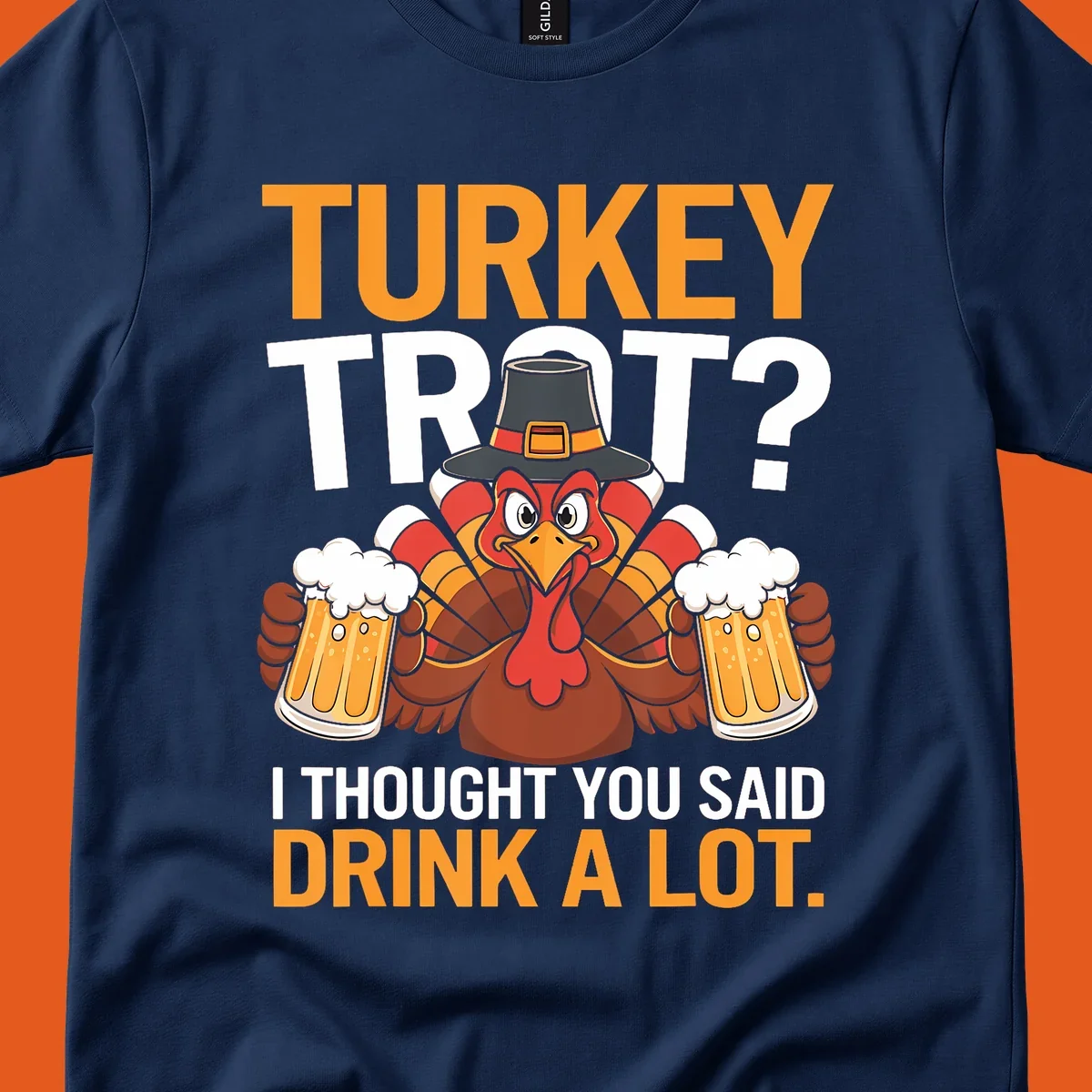 Funny turkey trot beer drinking thanksgiving shirt with a cartoon turkey holding beer.