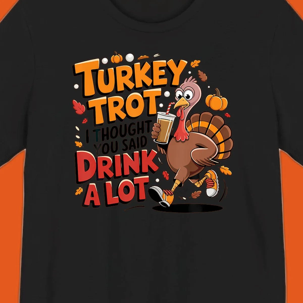 Cartoon turkey running with a drink, text says Turkey Trot I Thought You Said Drink A Lot. Funny Thanksgiving race design.