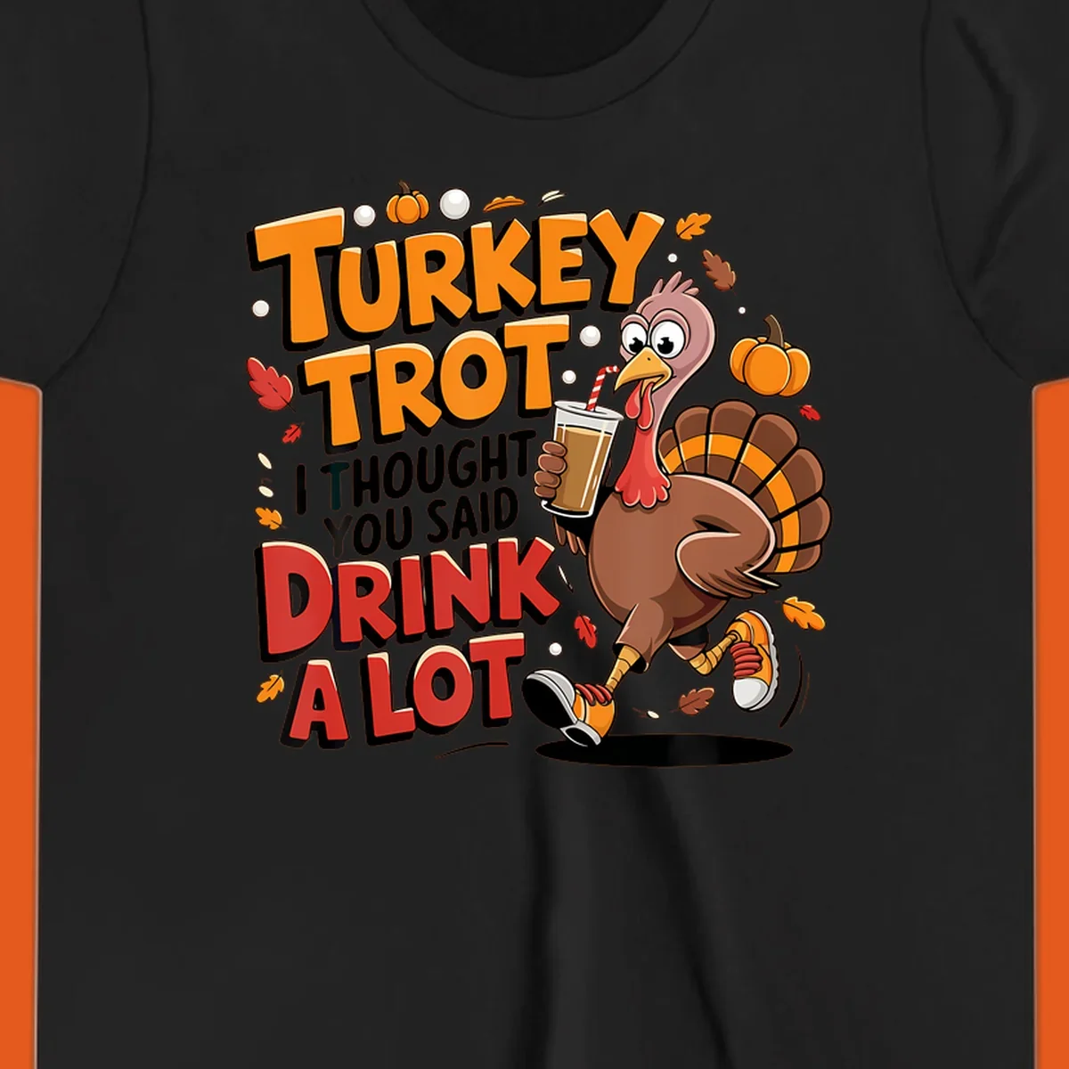 Cartoon turkey running with a drink, text says Turkey Trot I Thought You Said Drink A Lot. Funny Thanksgiving race design.