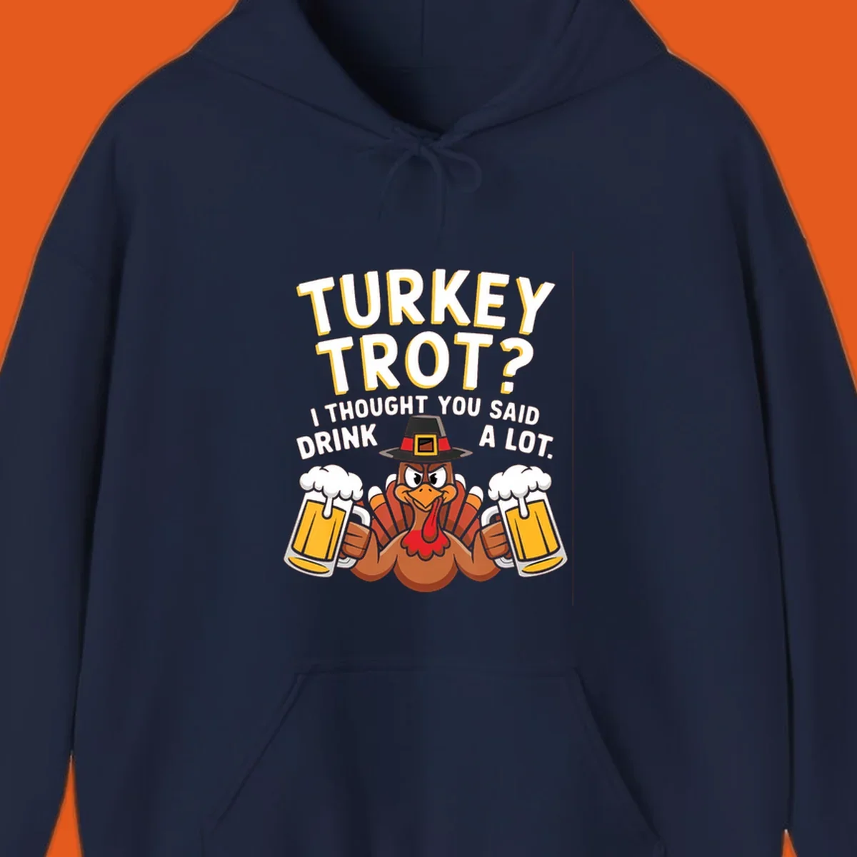 Turkey Trot Drink A Lot design with a pilgrim turkey holding beer mugs.