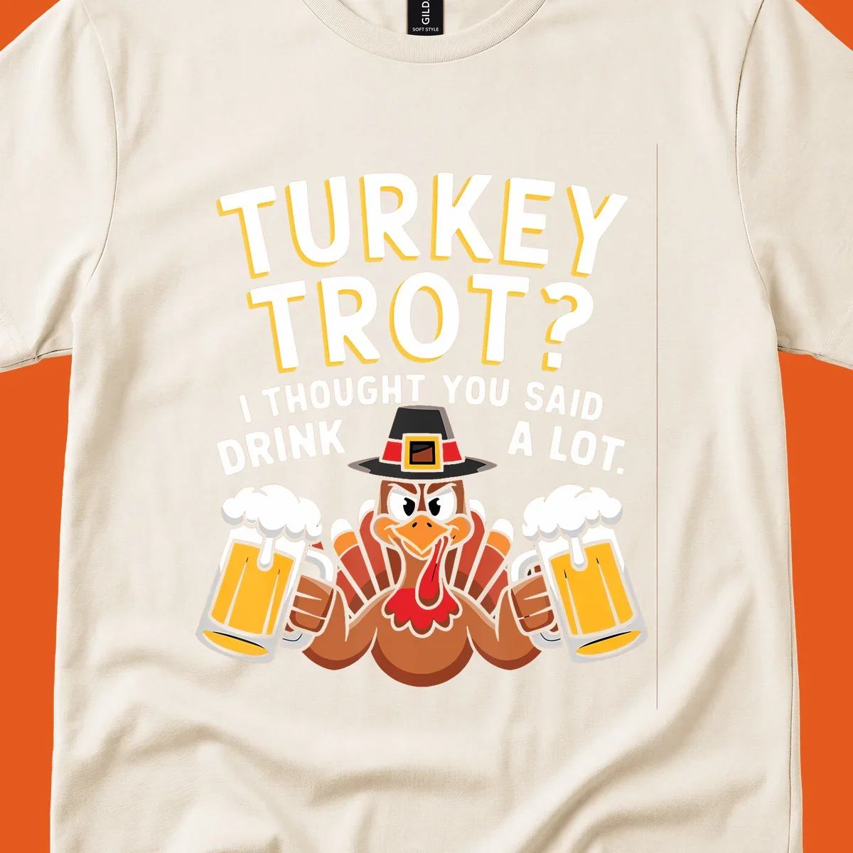 Turkey Trot Drink A Lot design with a pilgrim turkey holding beer mugs.