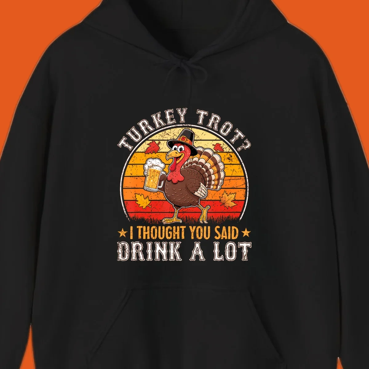 Turkey Trot Drink A Lot Design: Cartoon turkey in pilgrim hat holding beer, with text about drinking.