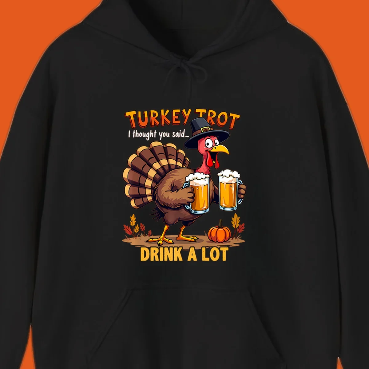 Cartoon turkey holding beer mugs with text 'Turkey Trot' and 'Drink A Lot'.