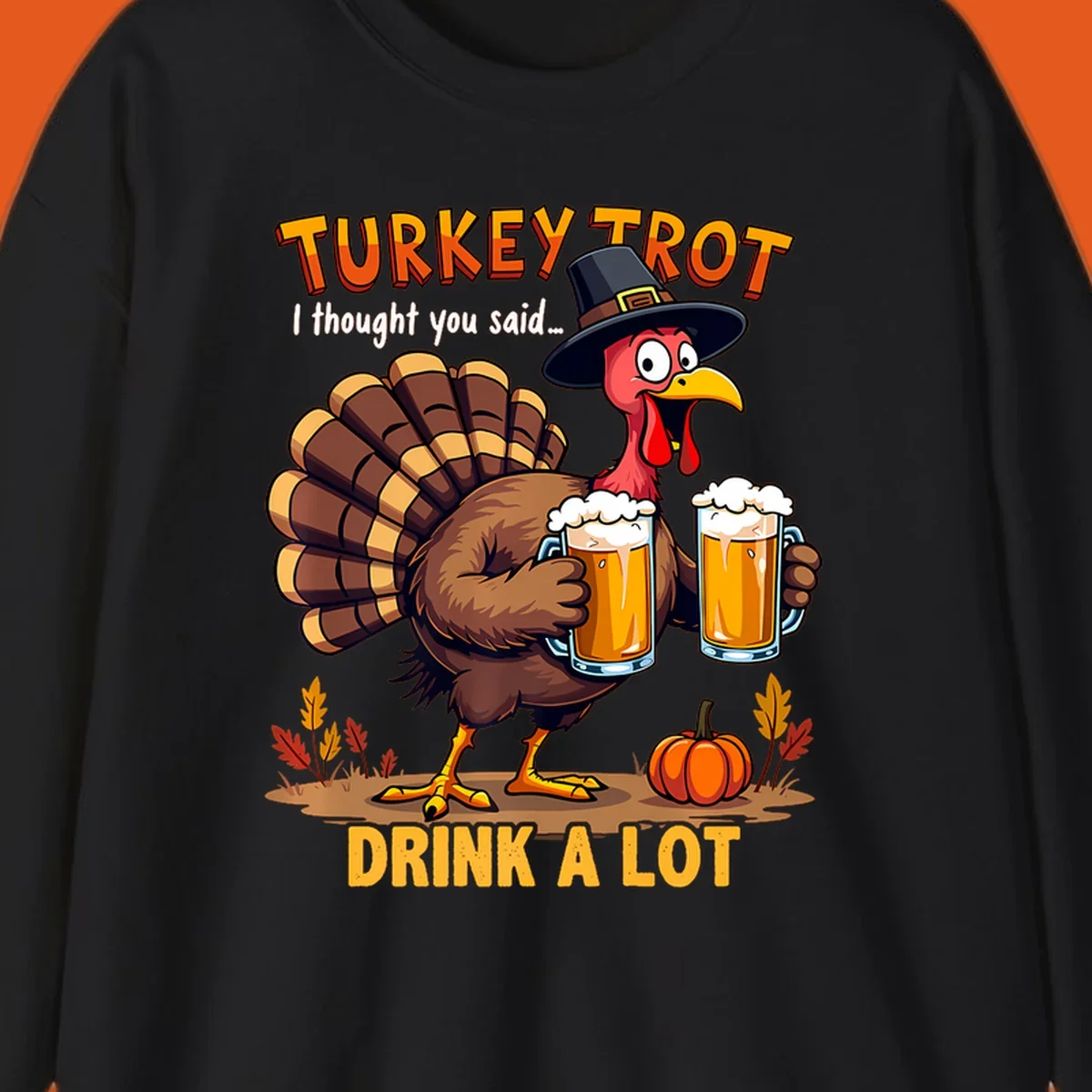 Cartoon turkey holding beer mugs with text 'Turkey Trot' and 'Drink A Lot'.