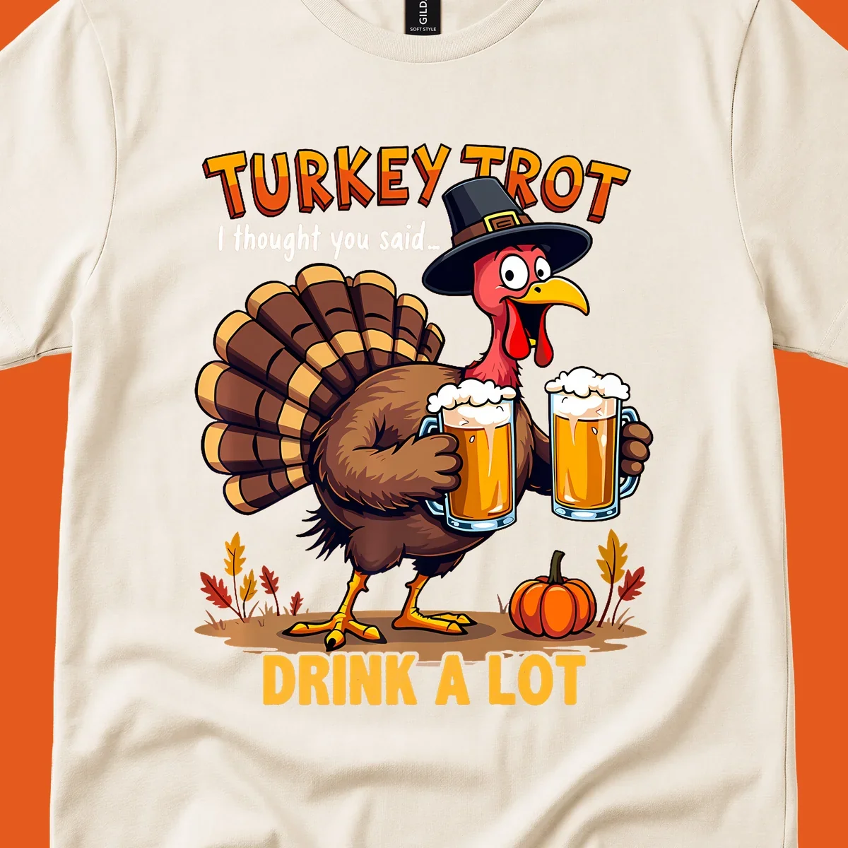 Cartoon turkey holding beer mugs with text 'Turkey Trot' and 'Drink A Lot'.