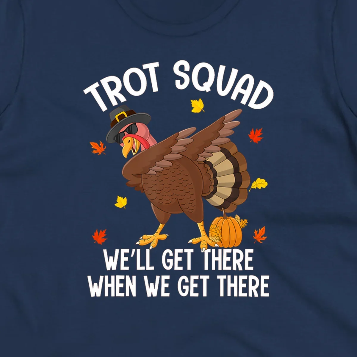 Turkey Trot Squad running shirt design with a dabbing turkey and text.