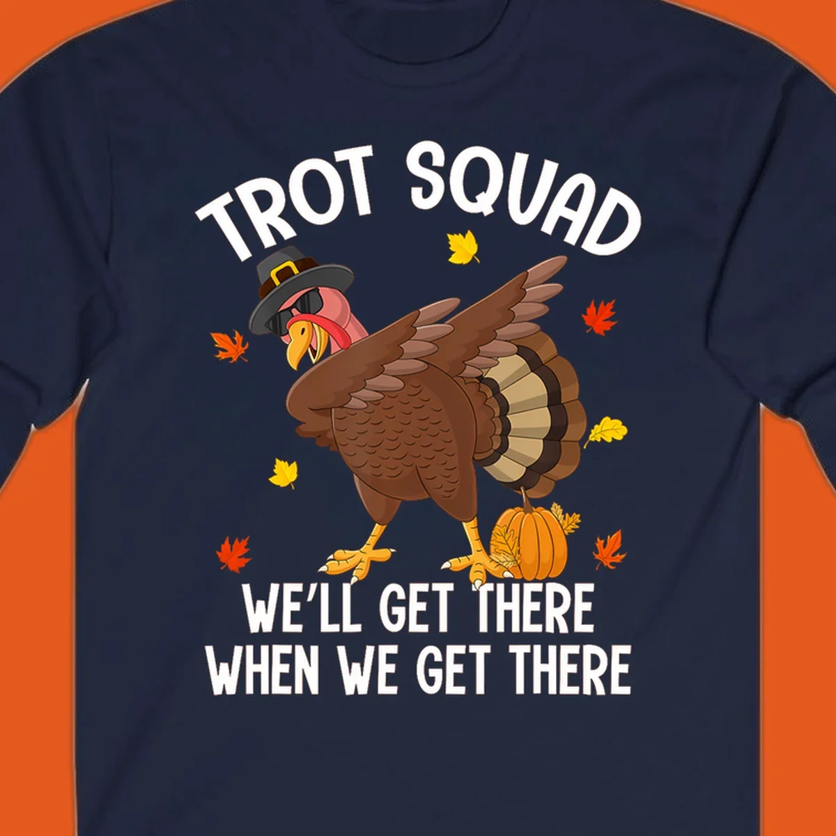 Turkey Trot Squad running shirt design with a dabbing turkey and text.