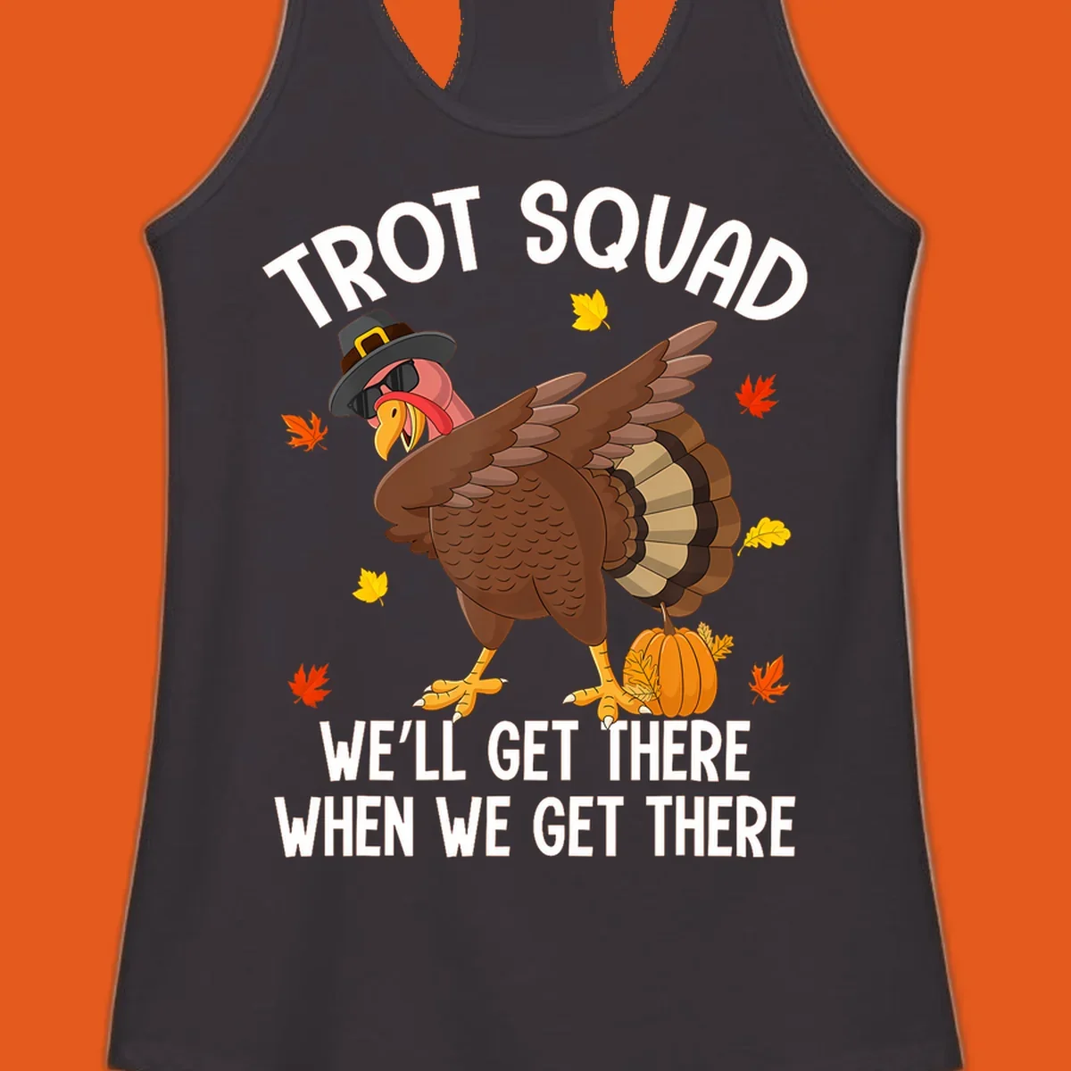 Turkey Trot Squad running shirt design with a dabbing turkey and text.