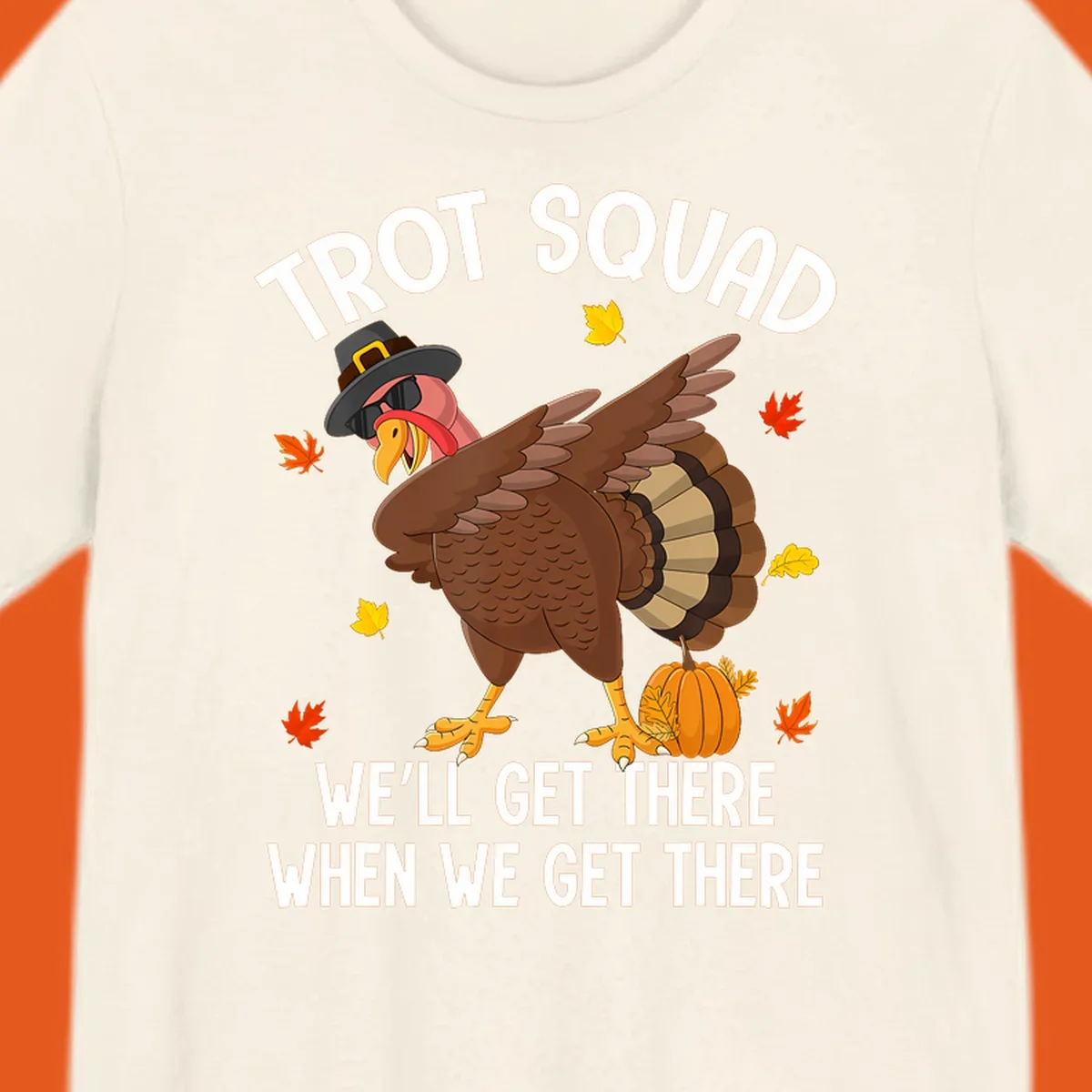 Turkey Trot Squad running shirt design with a dabbing turkey and text.