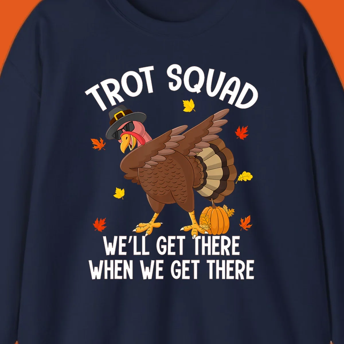 Turkey Trot Squad running shirt design with a dabbing turkey and text.