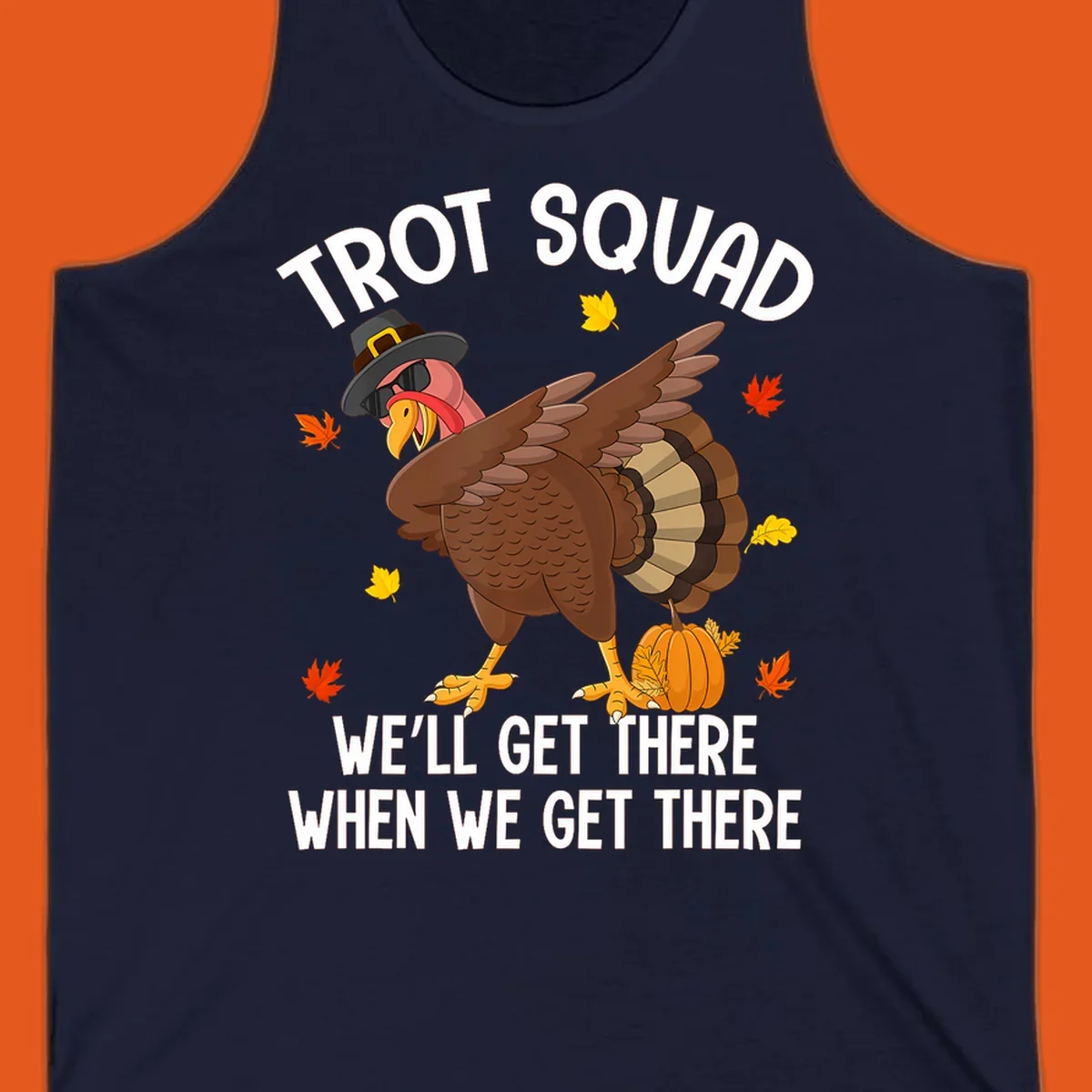 Turkey Trot Squad running shirt design with a dabbing turkey and text.