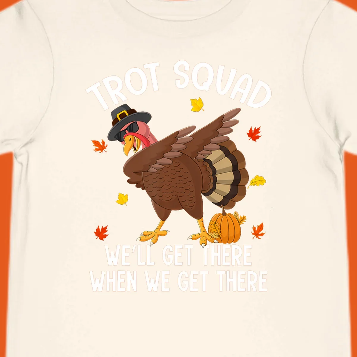 Turkey Trot Squad running shirt design with a dabbing turkey and text.