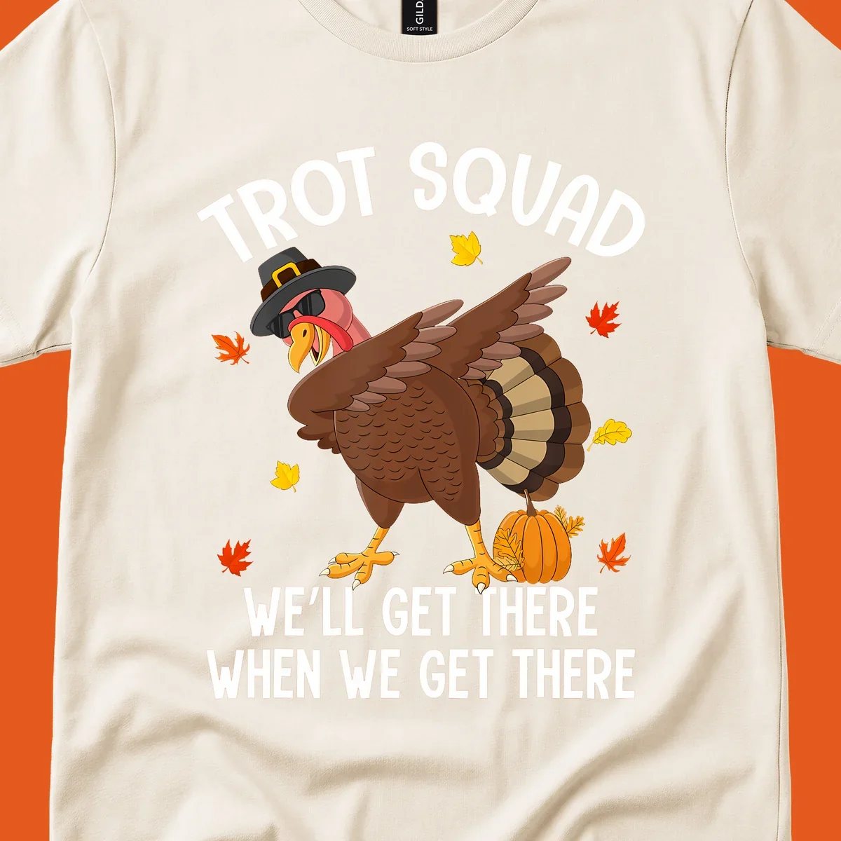 Turkey Trot Squad running shirt design with a dabbing turkey and text.